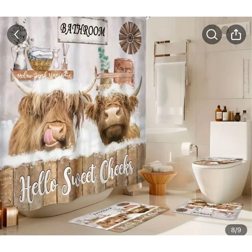 Highland cow Farmhouse shower curtain plus rugs toilet cover 4 piece set NWT Hel - Picture 5 of 8